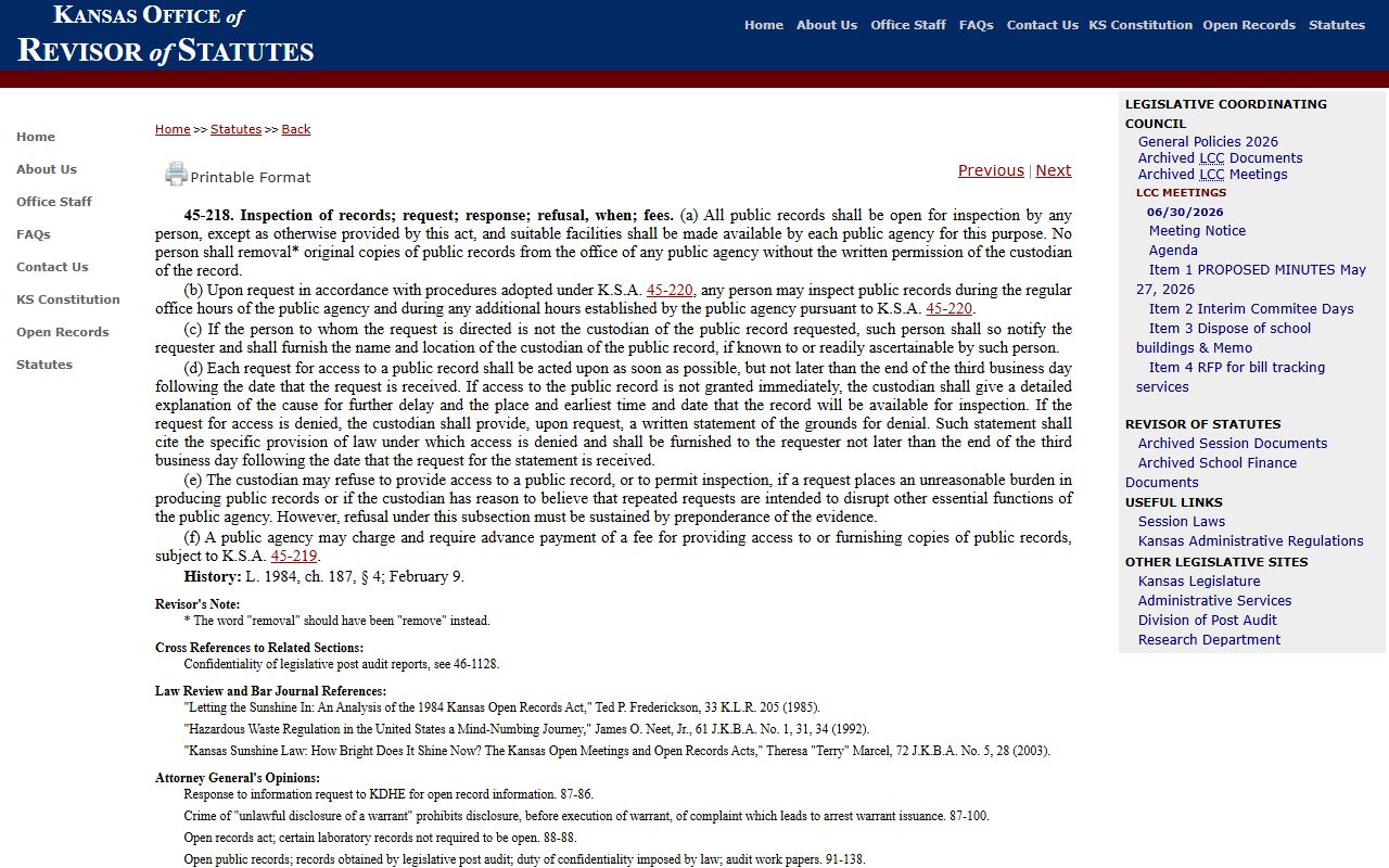 Pawnee County court dockets Kansas public inspection statute source