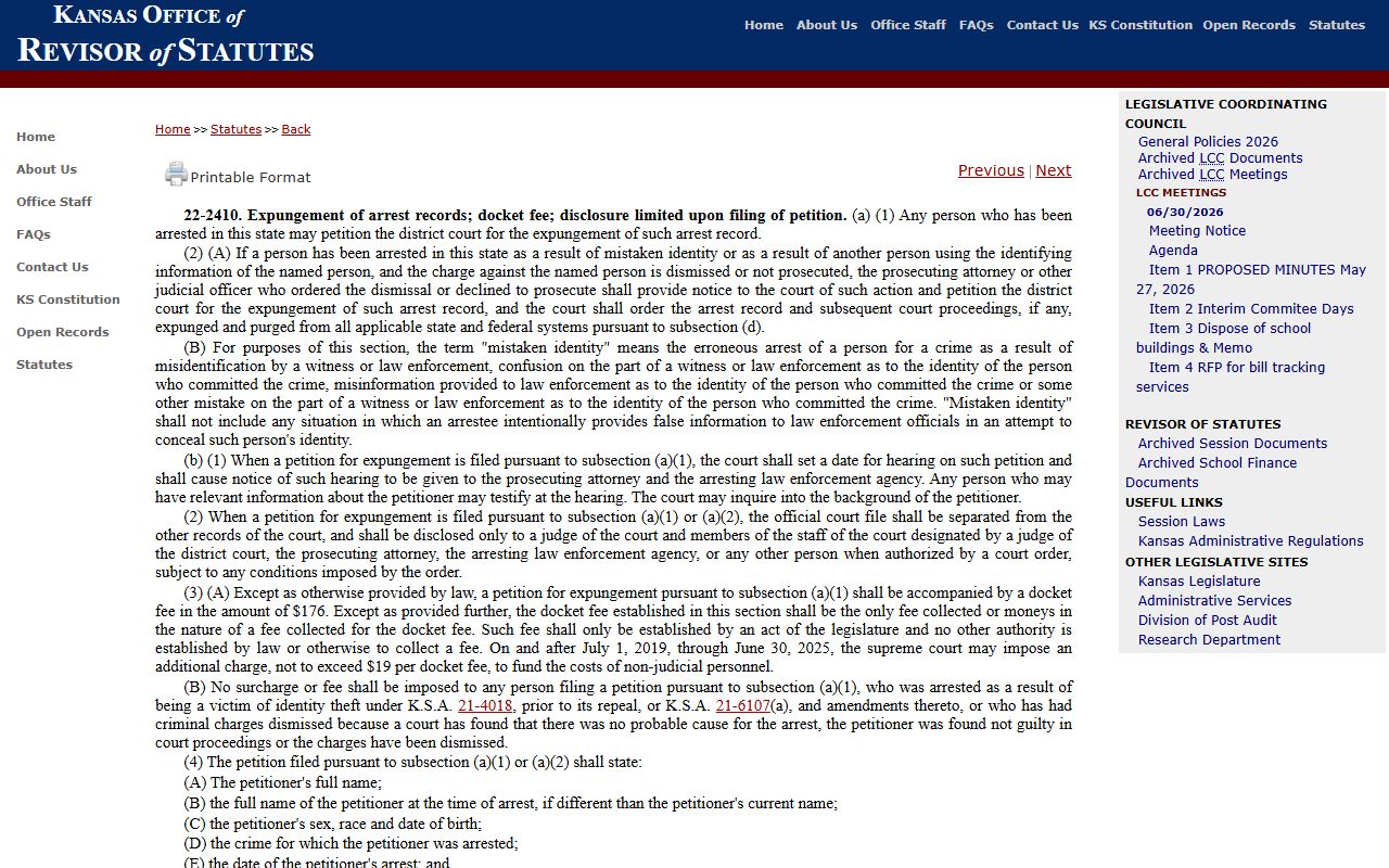 Pawnee County criminal court records Kansas arrest expungement statute source