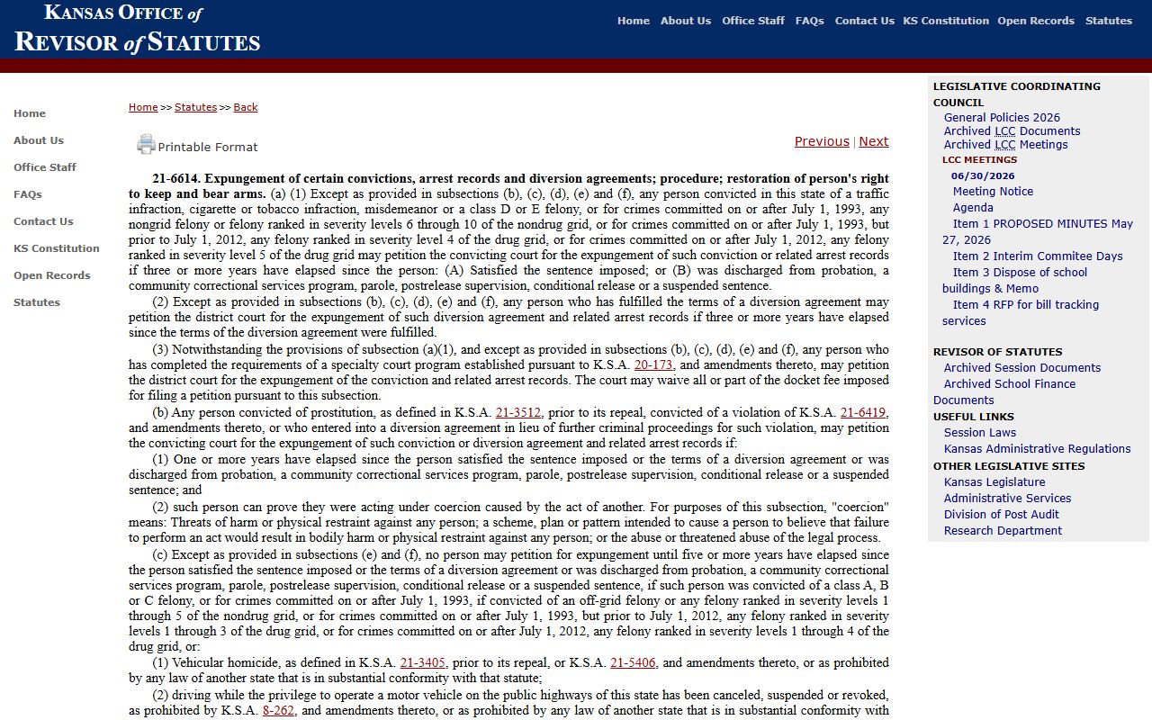 Pawnee County criminal court records Kansas conviction expungement statute source