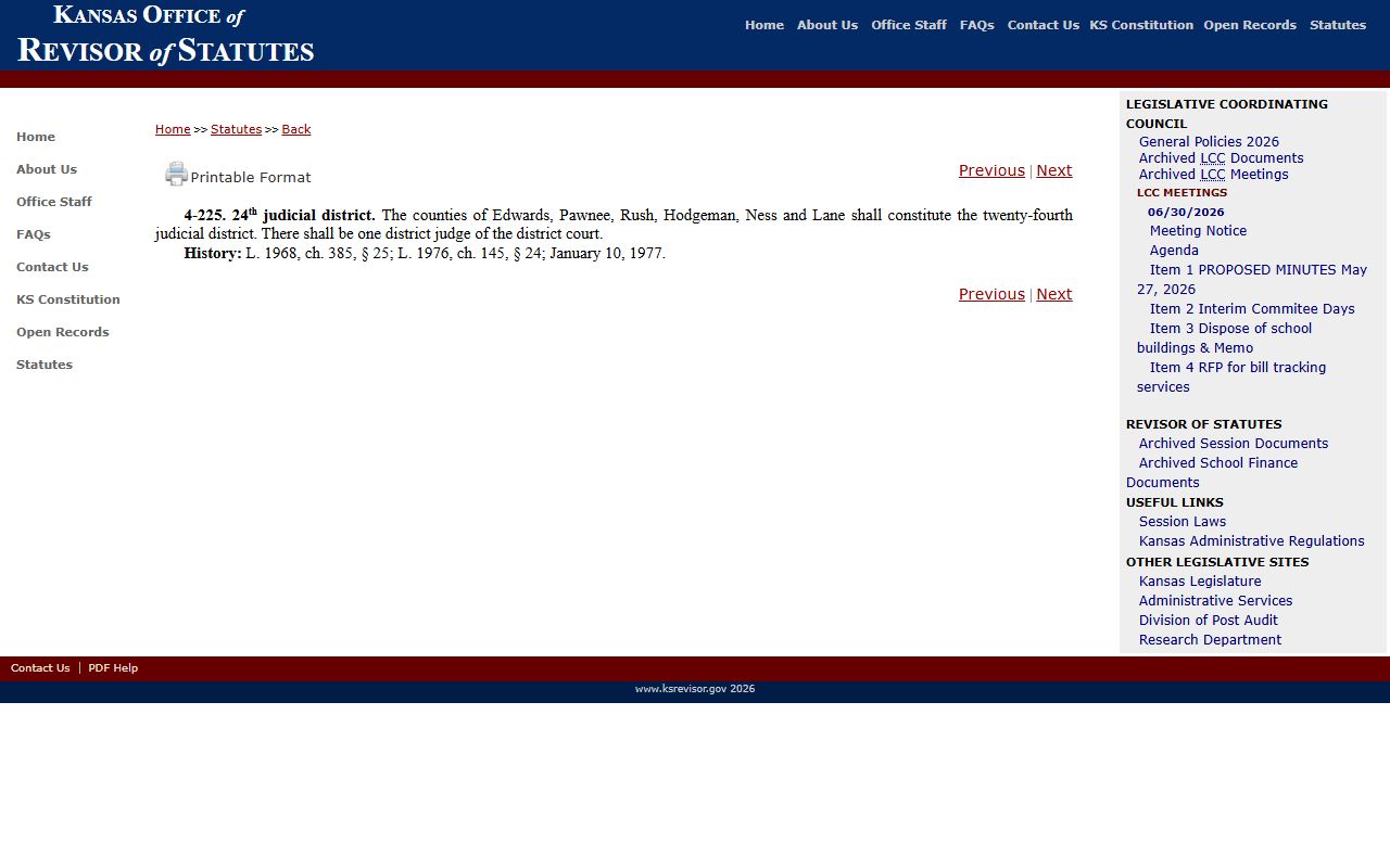 Pawnee County District Court K.S.A. 4-225 district statute