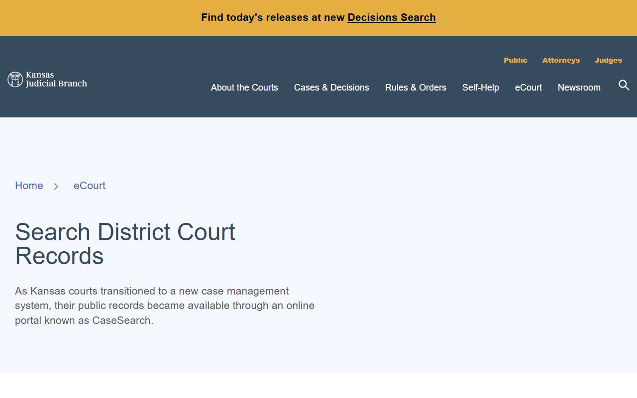 Kansas Judicial Branch district court records access page