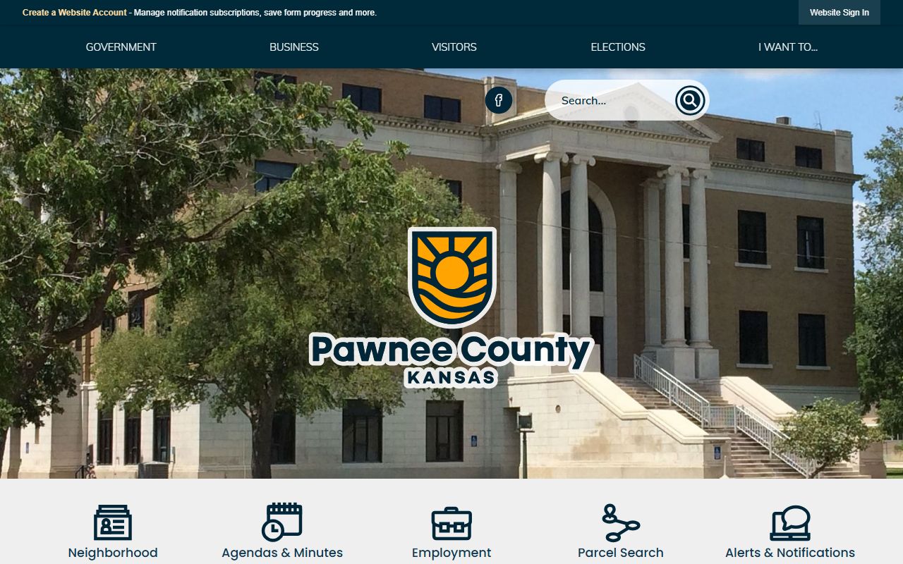 Official Pawnee County homepage with courthouse and department navigation