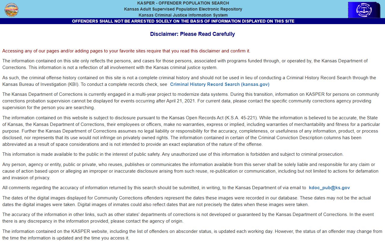 Pawnee County inmate search KASPER disclaimer source