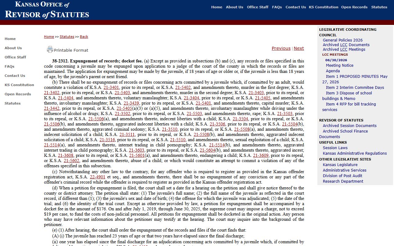 Pawnee County probate records Kansas juvenile expungement statute